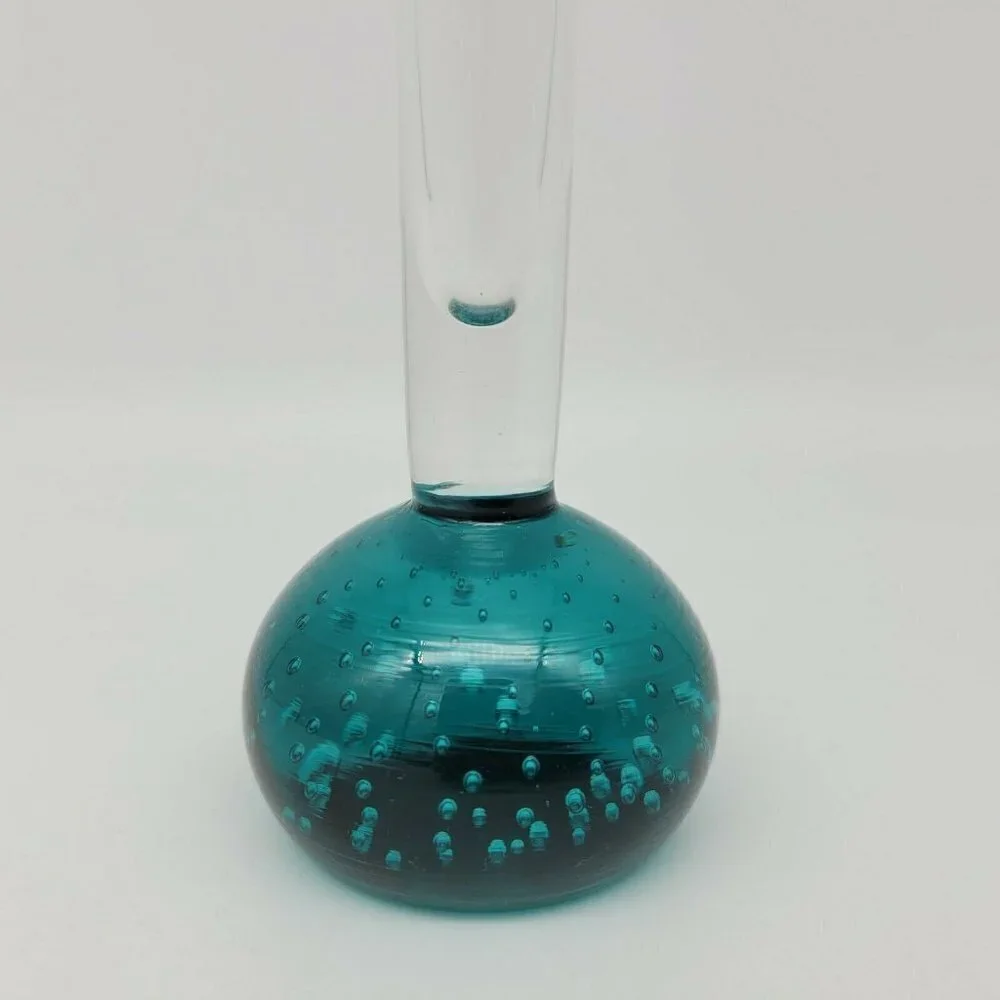 Vintage Teal Bubble Base Blown Glass Vase Narrow Mid Century Modern Smooth 8